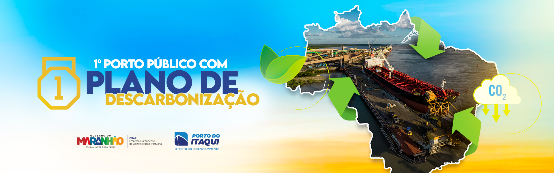 Porto do Itaqui centralizado no mapa do Brasil, com destaque para o plano de descarbonização, ressaltando que é o primeiro porto público com esse programa.