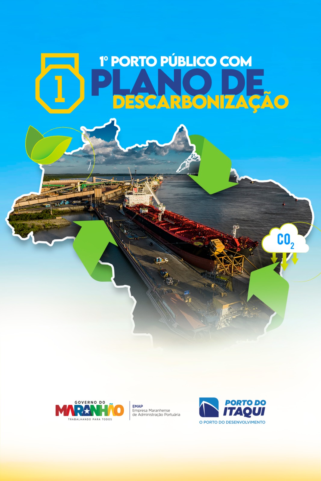 Porto do Itaqui centralizado no mapa do Brasil, com destaque para o plano de descarbonização, ressaltando que é o primeiro porto público com esse programa.